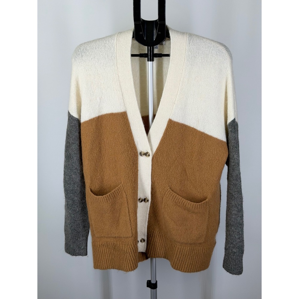 Madewell Womens Colorblock Cardigan Sweater Medium Cream Brown Gray Button Front